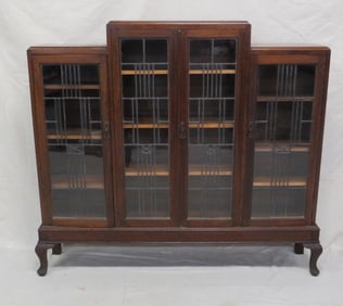 Antique Oak Art Deco Leaded Glass Bookcase