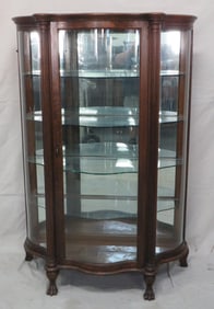 Antique Oak Serpentine Curved Glass China Cabinet