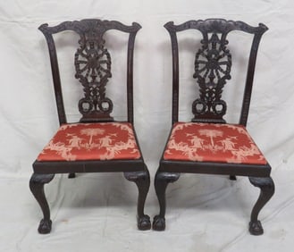 Pair Chippendale Revival Carved Mahogany Chairs