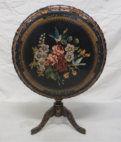 Spanish Black Lacquer Handpainted Tilt Top Table