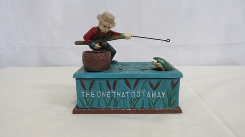 Vintage Cast Iron Mechanical Fishing Bank