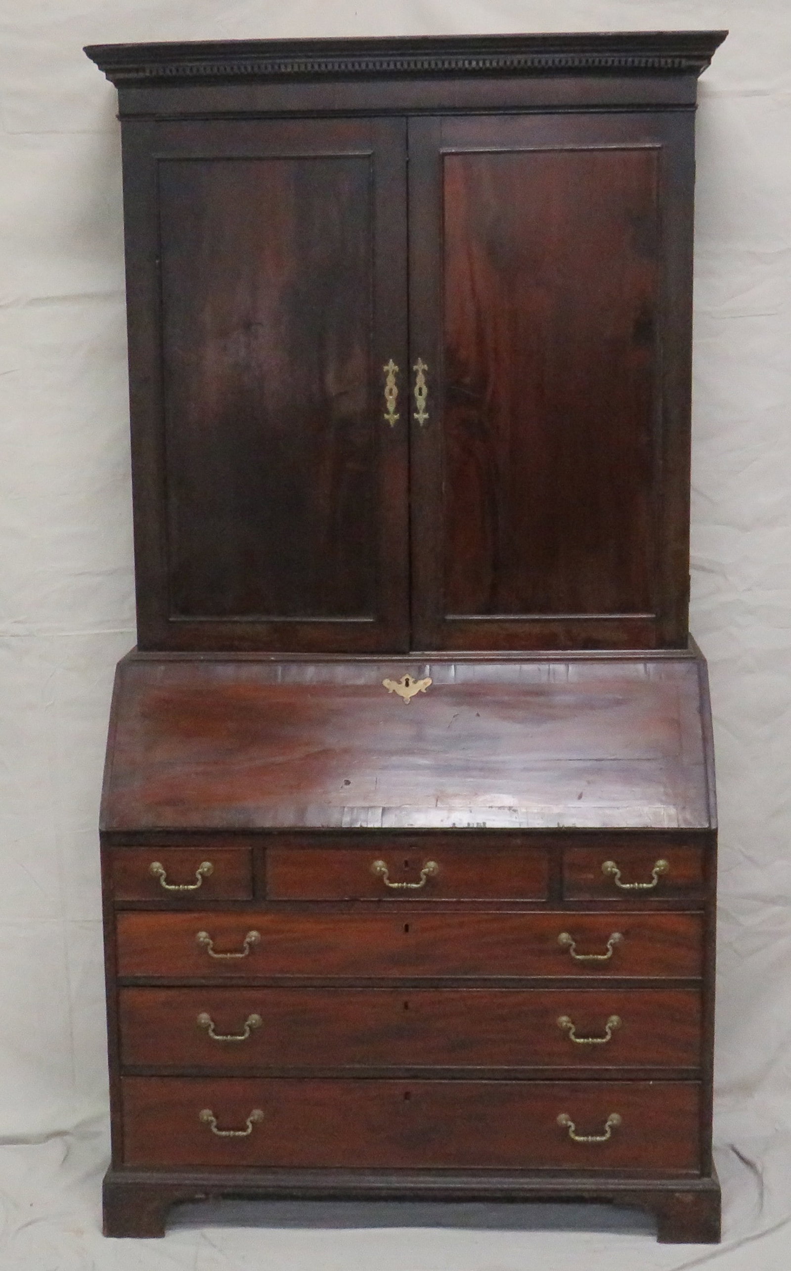 19th C. English Slant Front Georgian Secretary: 19th C. English Slant Front Georgian Secretary in good condition with some blemishes & wear consistent with age, Fitted Interior, Leather Top Writing Surface, Dovetailed Drawers, Very Early Secretary,