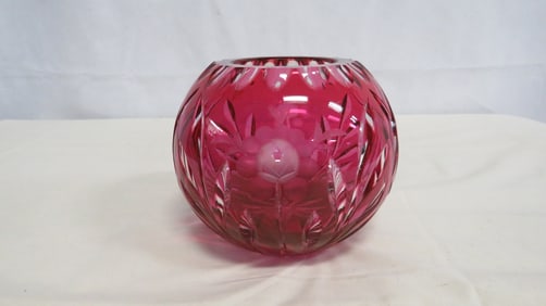 Bohemian Cut to Clear Cranberry Glass Rose Bowl