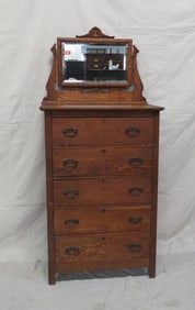 Antique Oak High Chest with Beveled Mirror