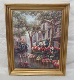 Vintage Large Signed Street Scene Oil Painting
