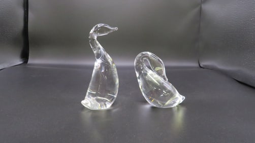 Steuben Preening Goose & Gander Sculptures