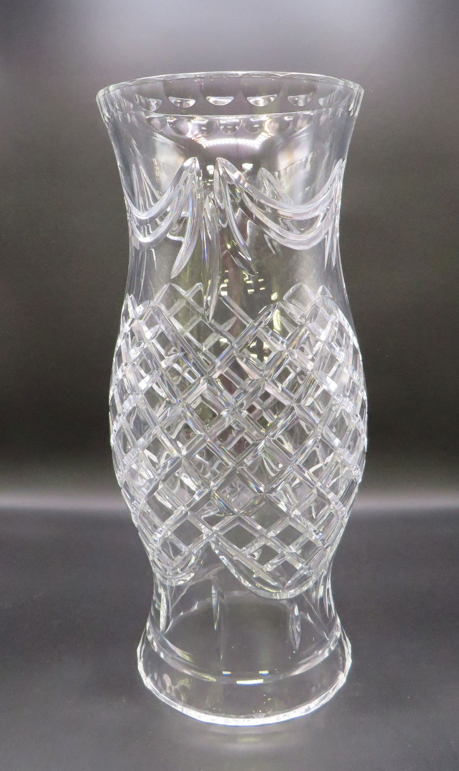 Vintage Bohemian Cut Crystal Hurricane Shade 16": Large vintage Bohemian cut crystal hurricane shade featuring an elegant flared silhouette and deeply cut decoration. This substantial 16 inch shade displays a sweeping draped swag motif over a diamond