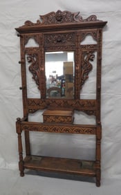 Antique Oak Jacobean Hall Tree w/ Carved Griffins