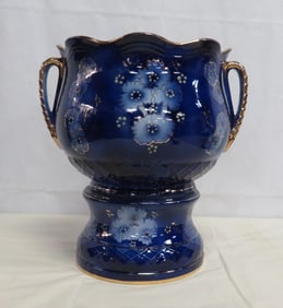 Antique Flow Blue Large Jardinere on Stand