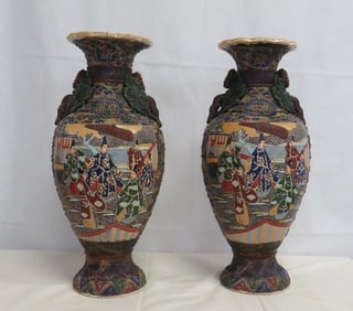 Large Pair of Antique Satsuma Moriage Vases