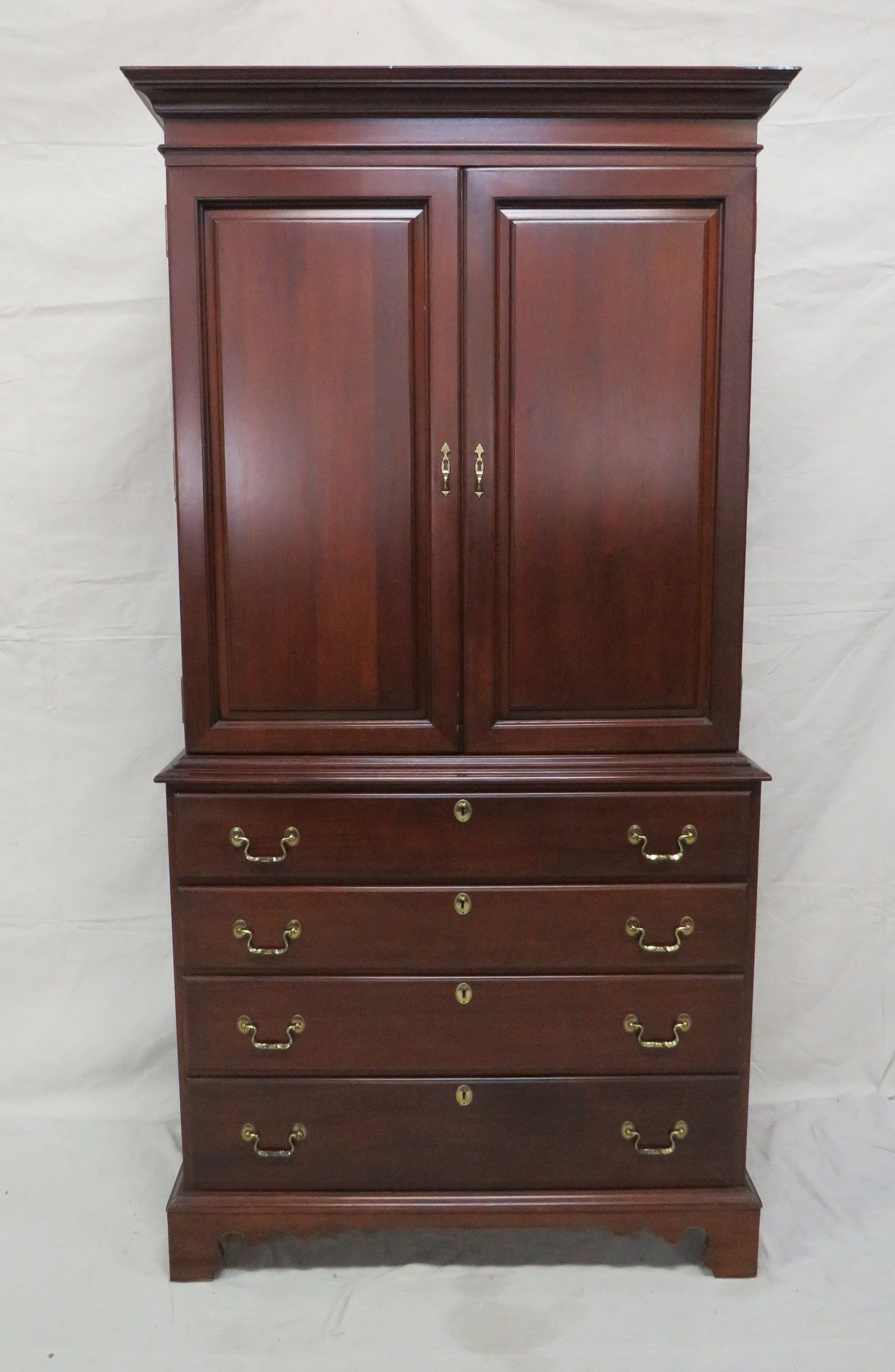 Vintage Link Taylor Mahogany Linen Press: Vintage Link Taylor Mahogany Linen Press in good condition, Paneled Doors, Dovetailed Drawers, Fitted Interior, Brass Hardware, Dentil Molding on Crown, 78''H x 40.5''W x 23.5''D