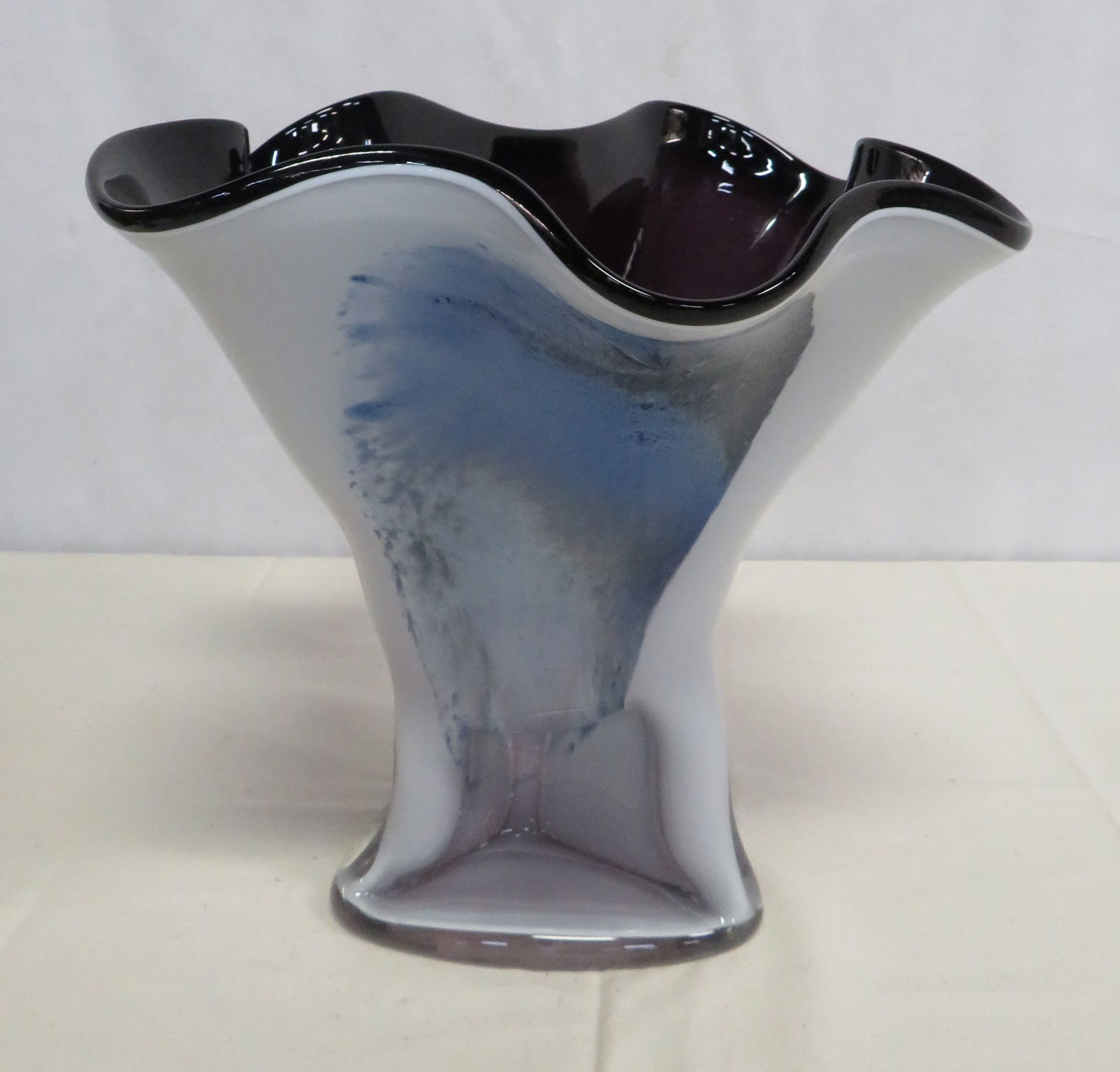 Large Hand Blown Sculptural Art Glass Vase: Large Hand Blown Sculptural Art Glass Vase in good condition. Cased glass with dark amethyst interior. 11.5"H x 13.5"W