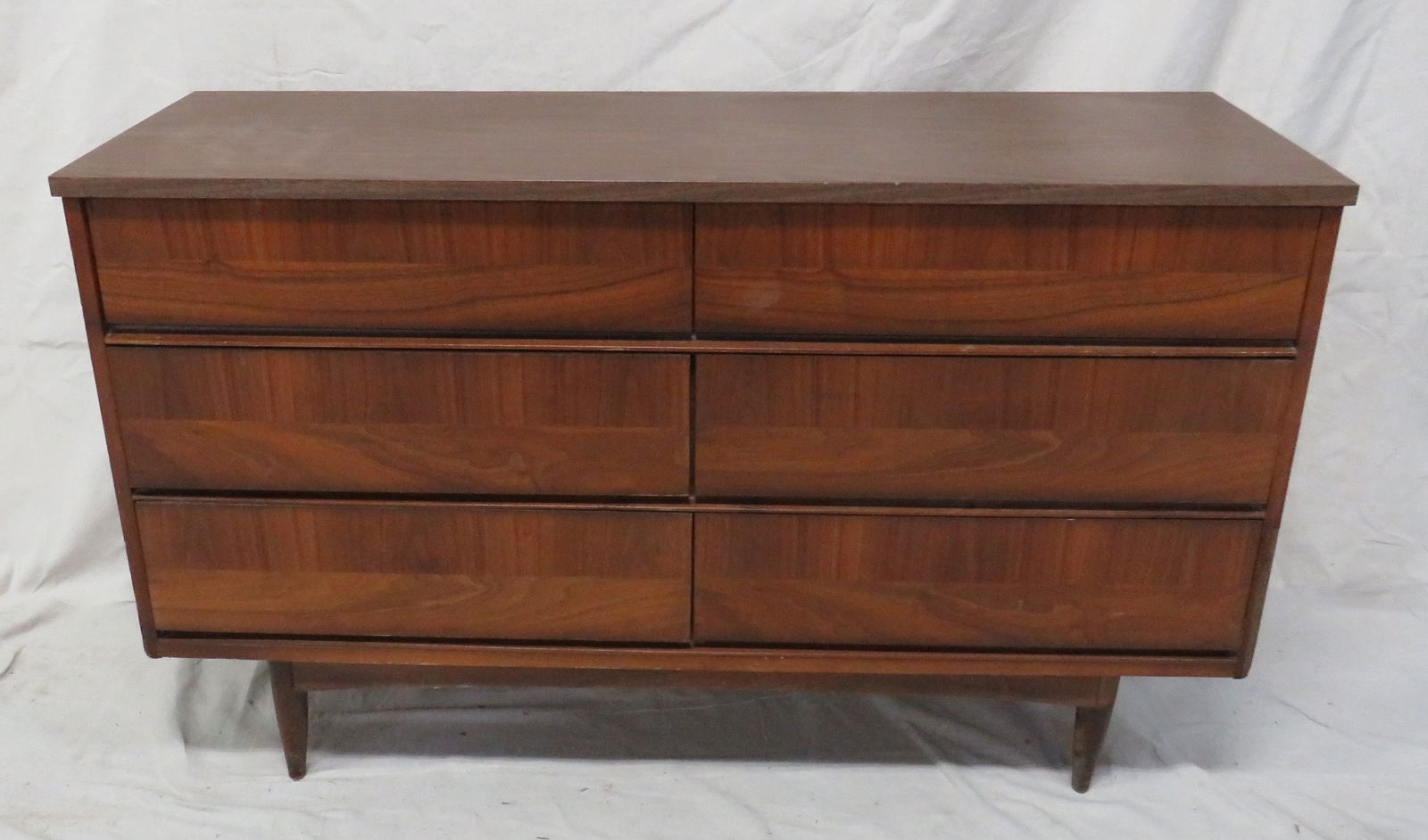 Mid Century Modern Walnut Dresser: Mid Century Modern Walnut Dresser in good condition, some veneer loss, Dovetailed Drawers, 31''H x 52''W x 18''D