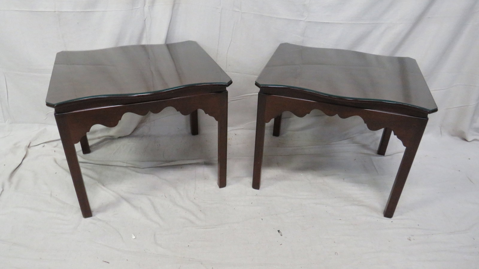 Pair of Cherry Georgian Style End Tables: Pair of Cherry Georgian Style End Tables in good condition, Glass Tops, 22.5''H x 27.25''W x 24.5''D