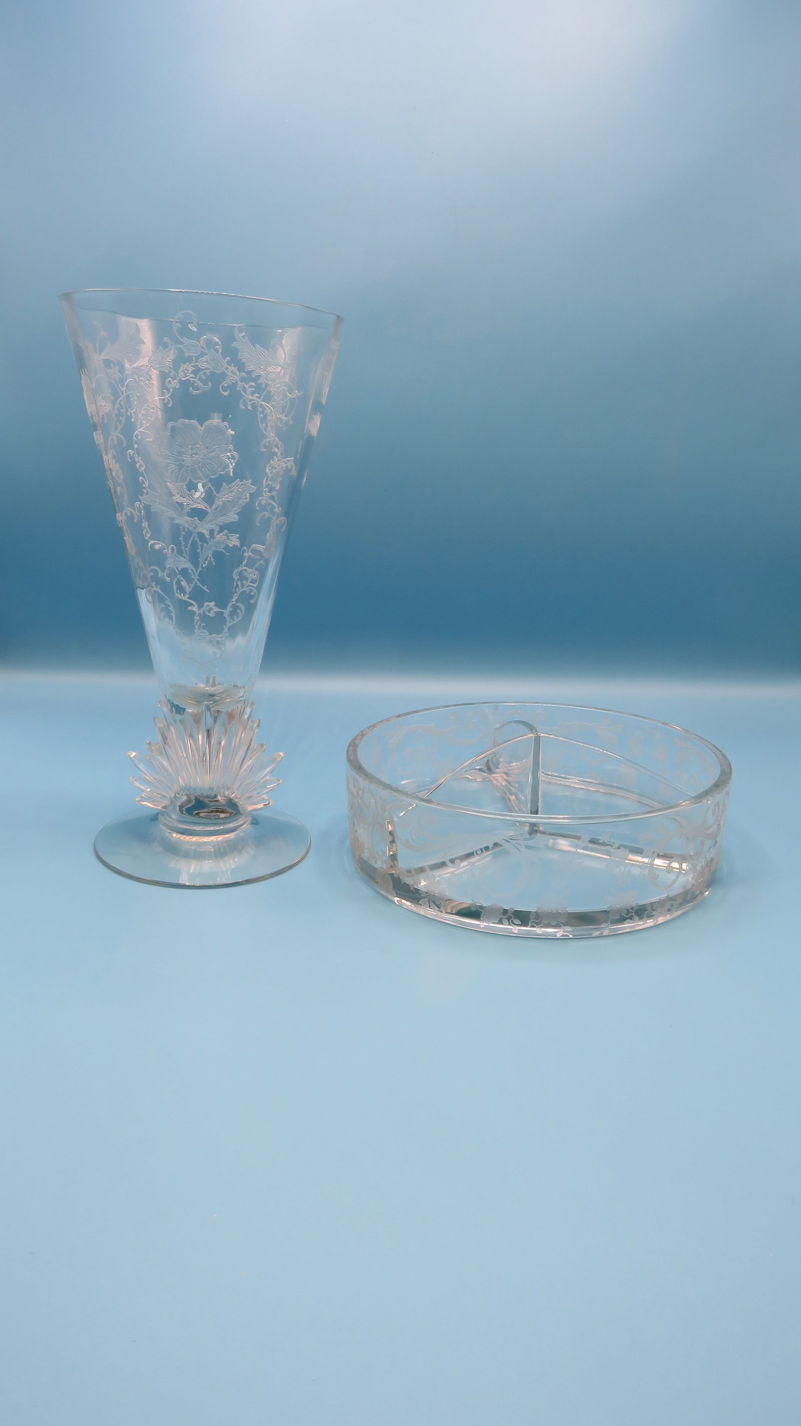 Vintage Etched Fostoria Vase & Cambridge Dish (1 of 6)