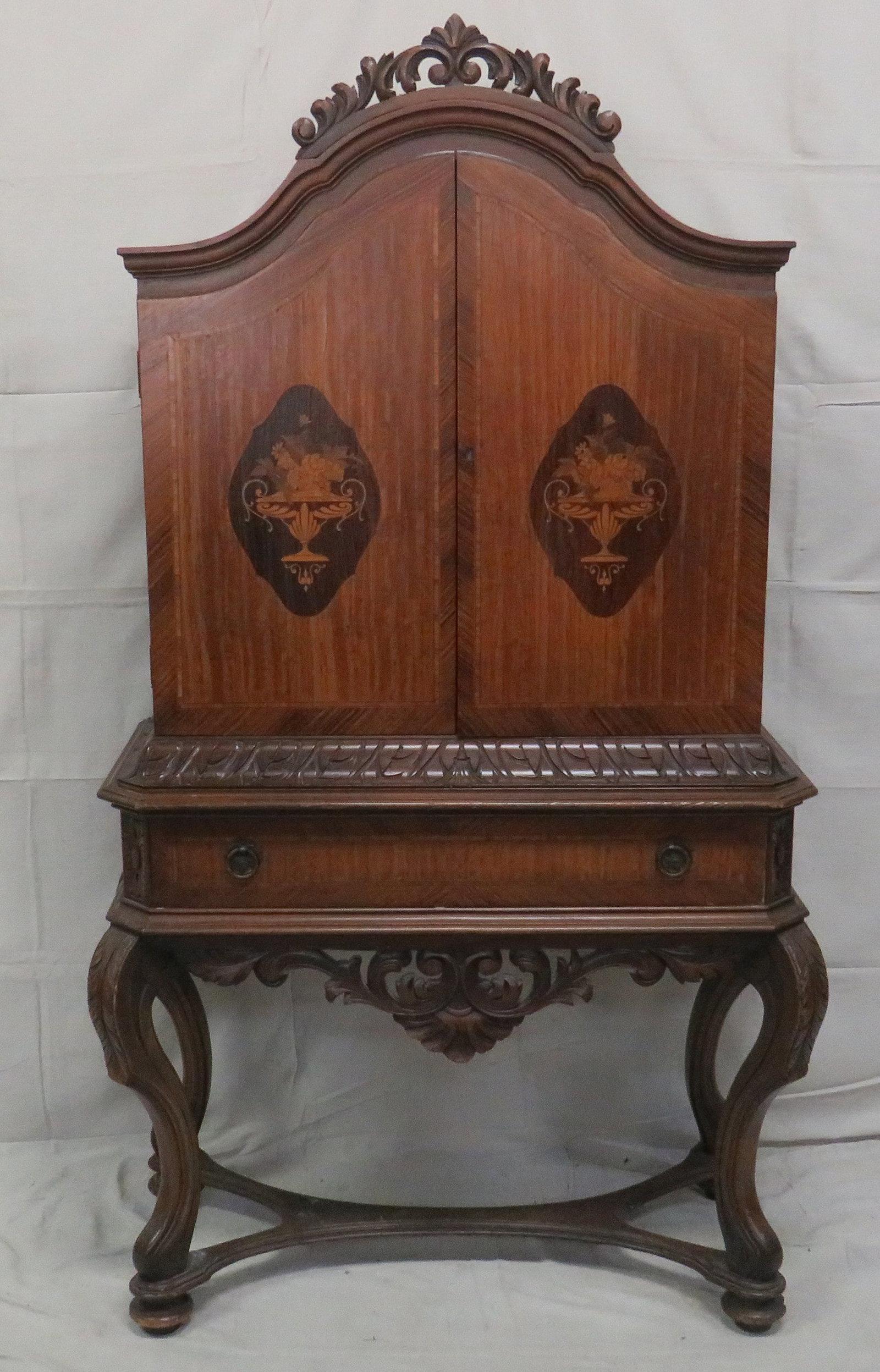 Antique French Louis XV Inlaid Liquor Cabinet: Antique French Louis XV Inlaid Liquor Cabinet in good condition, One Dovetailed Drawer, Carved Legs, Inlaid Case, 74.5''H x 41''W x 20''D