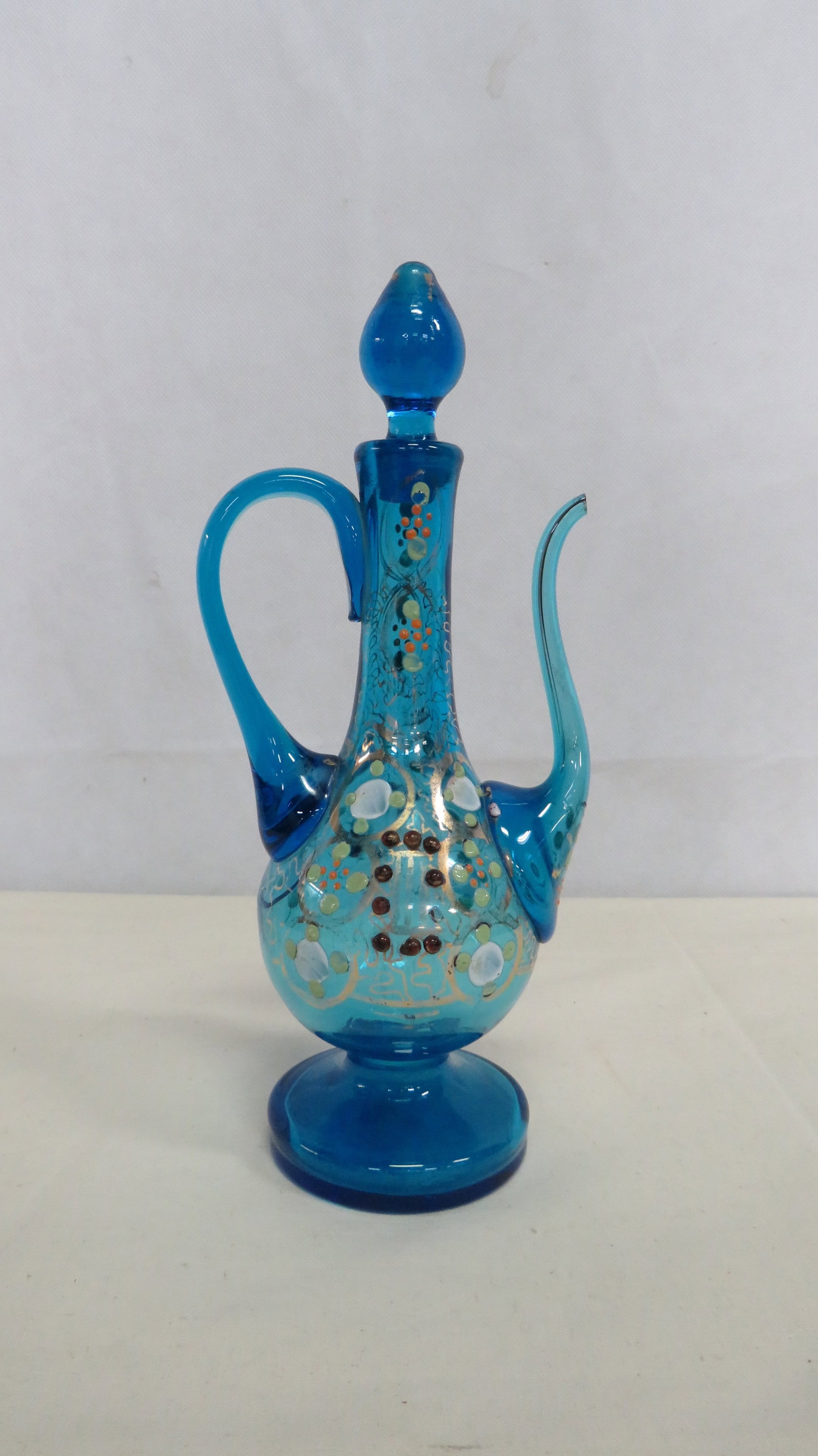Antique Blue Blown Victorian Glass Decanter: Antique Blue Blown Victorian Glass Decanter in good condition. Hand done enameled and gold decoration with pontil mark. 10"H