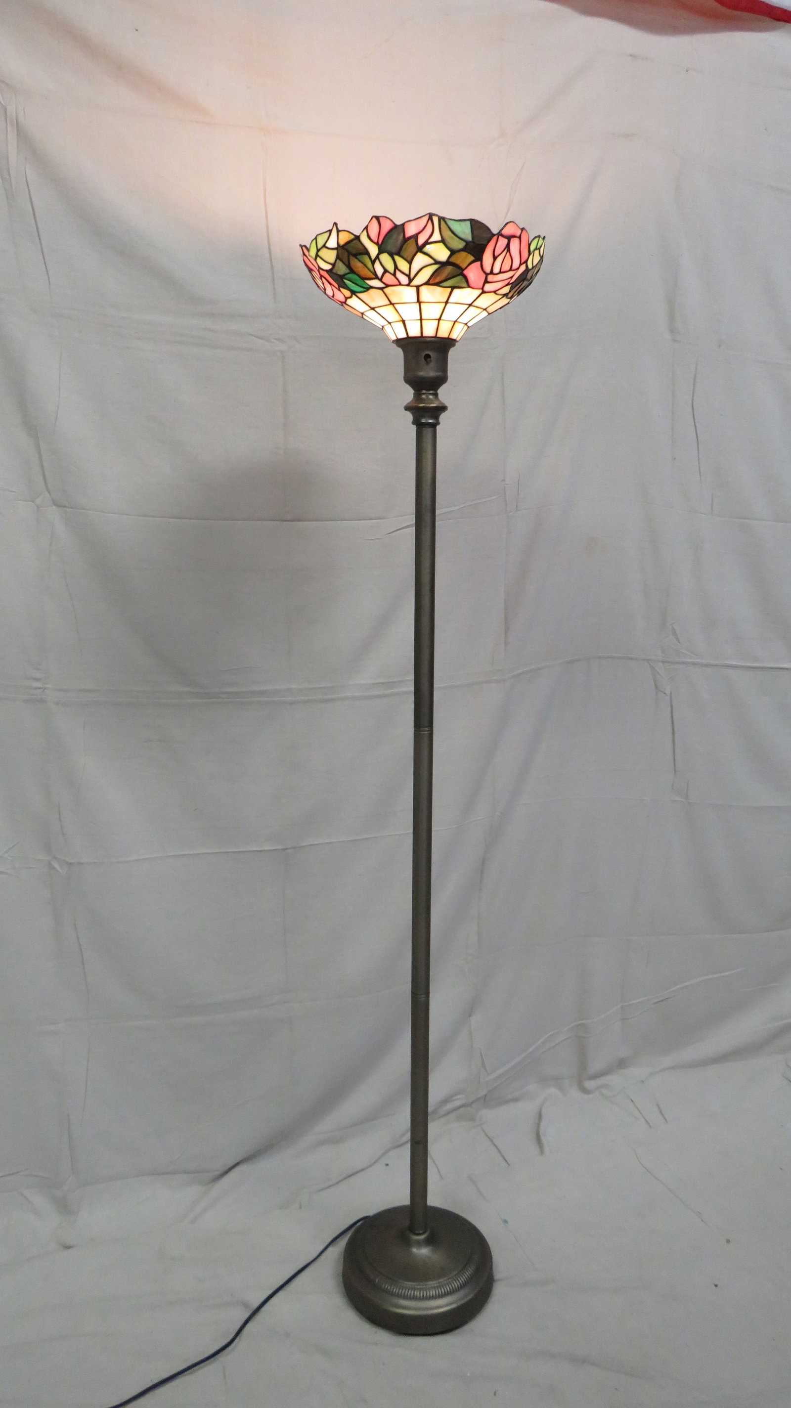 Stained Glass Floor Lamp: Stained Glass Floor Lamp. Shows some wear from use, with small hole in shade. 70' tall