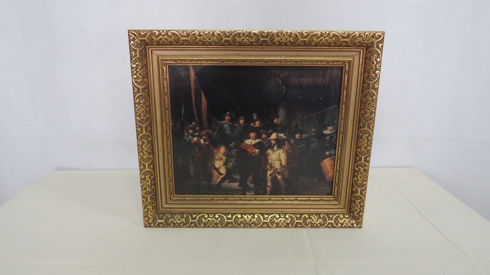 Vintage Rembrandt "Night Watch" in Ornate Frame: Vintage Rembrandt "Night Watch" in Ornate Frame in good condition. Wood frame. 12.5" x 14.5"