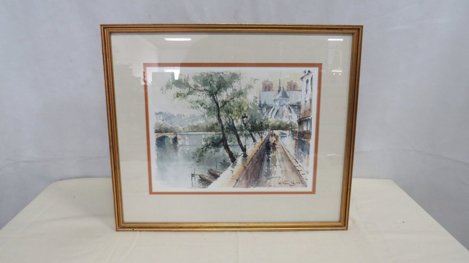 Vintage Stephane Wrobel Paris Seine Watercolor: Original watercolor depicting a Paris riverside promenade scene with figures walking along the embankment beside the Seine. Historic Parisian architecture and bride structures appear in the 