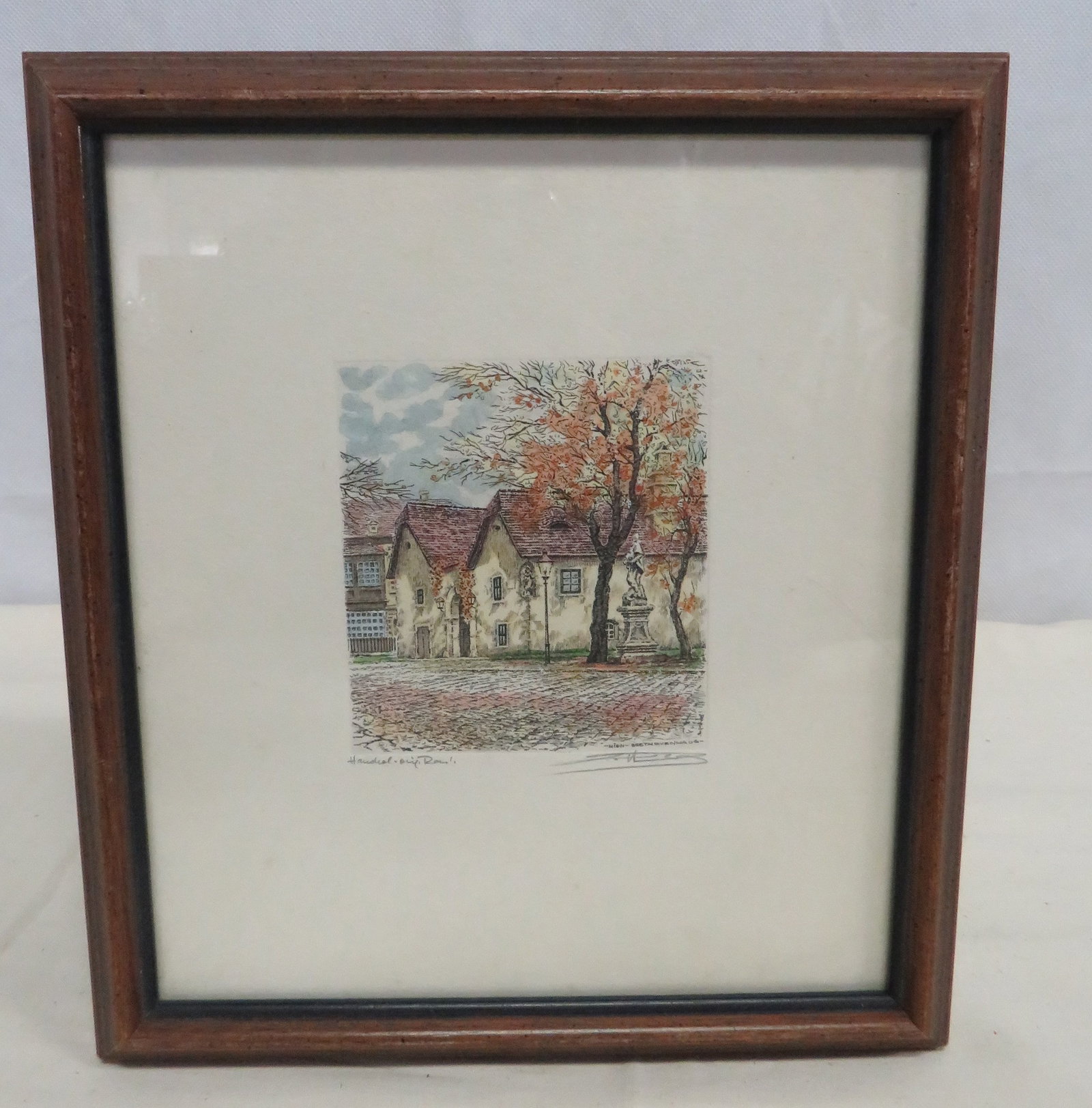 Early Vienna Beethovenhaus Hand Colored Etching: Hand-colored original etching depicting the historic courtyard of the Beethoven House in Vienna Austria. The image is titled in the plate "Wein - Beethovenhaus" and inscribed at the left margin