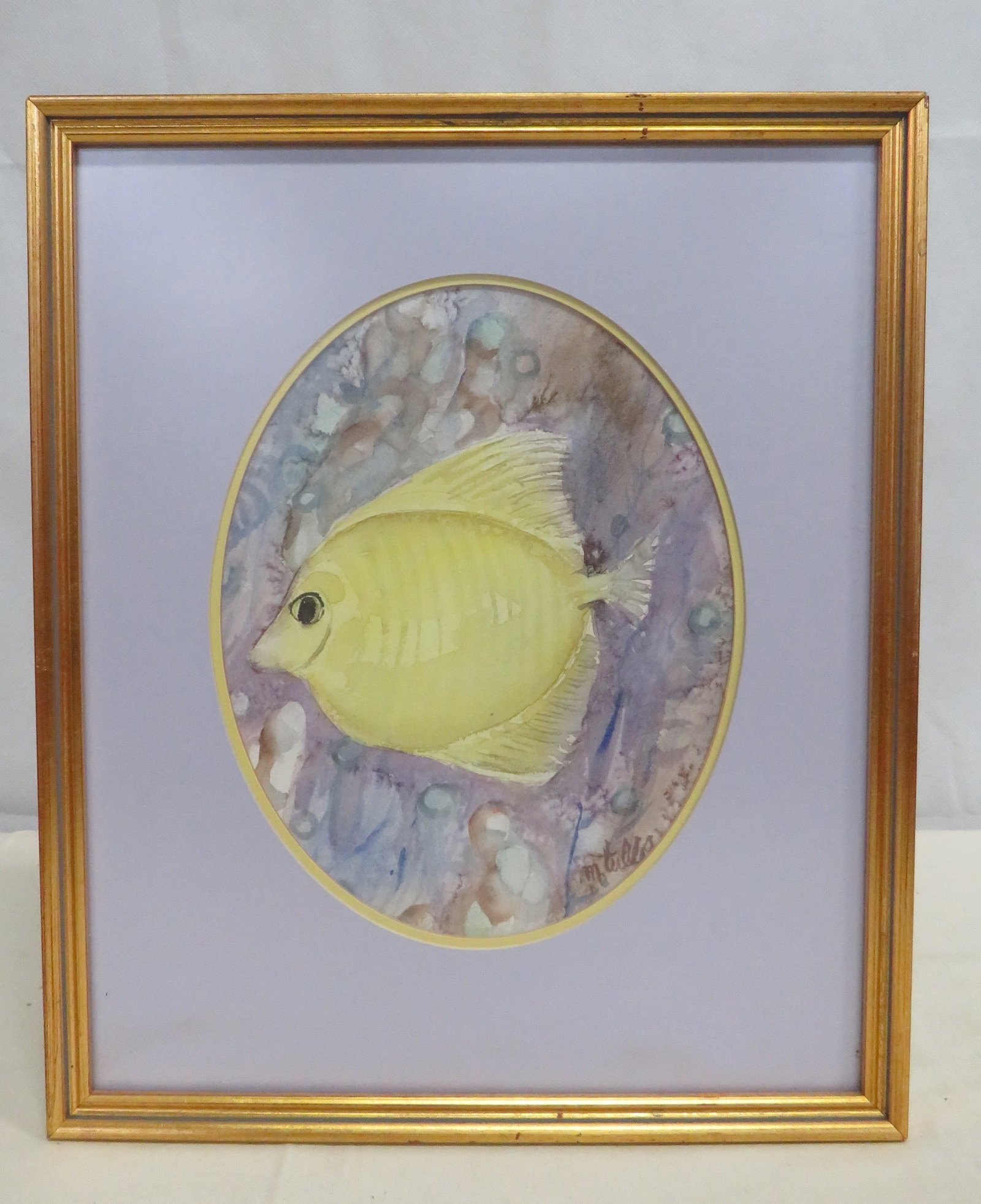 Vtg Signed Yellow Tang Fish Watercolor Painting: Vintage Signed Yellow Tang Fish Watercolor Painting in good condition. Signed in lower right corner. Professionally framed and matted in a gold leaf frame. Frame size 14" x 12"