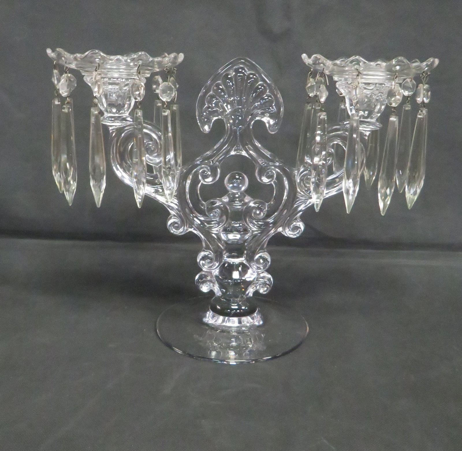 Vintage Crystal Cambridge 2 Light Candelabra: Vintage Crystal Cambridge 2 Light Candelabra with Bobeches and Prisms. Good condition. 10'25"H x 14"W