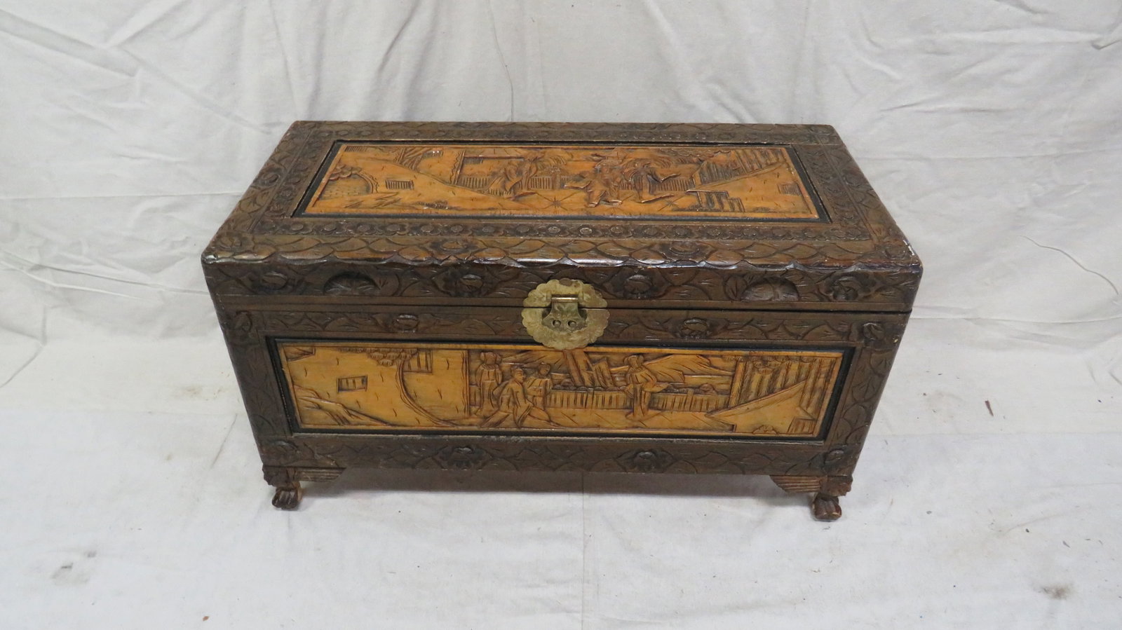 Vintage Camphor Wood Carved Trunk: Vintage Camphor Wood Carved Trunk in good condition, Brass Hardware, 19''H x 34.5''W x 17''D