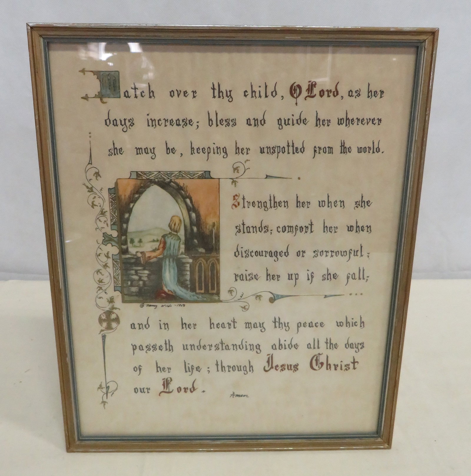 1960's Calligraphy & Watercolor Nancy Wilds: Framed1960's Calligraphy & Watercolor Print Nancy Wilds "Watch Over Thy Child" Prayer. Frame size 12.5" x 10"