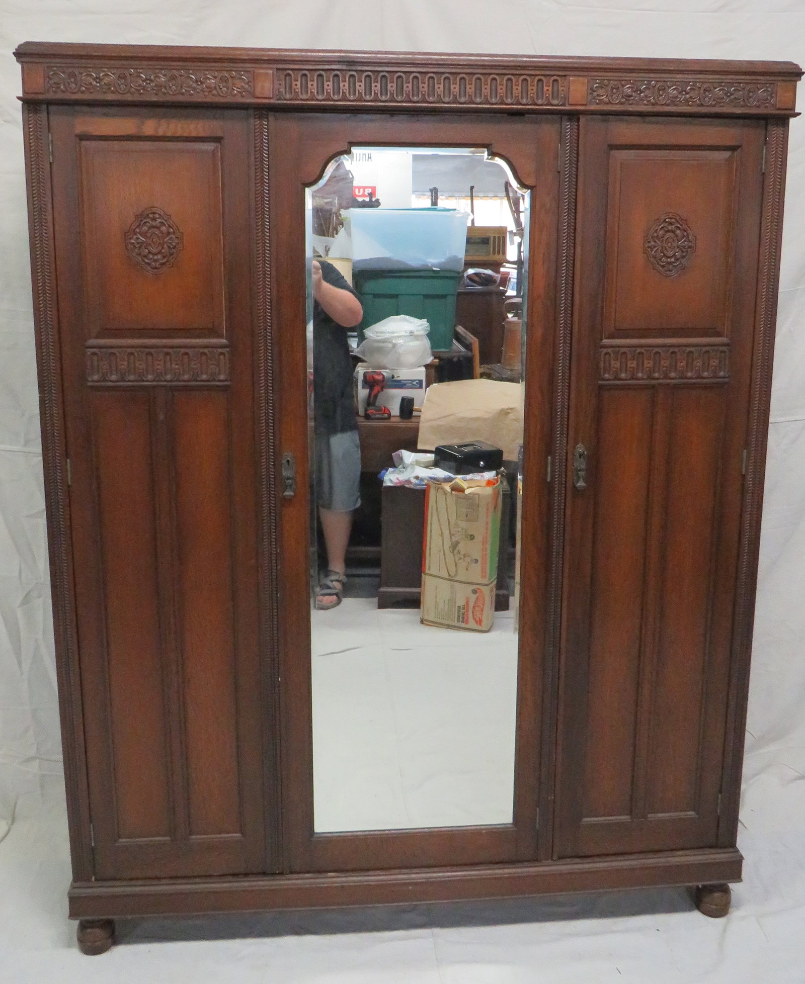 Antique English Oak Carved Triple Armoire (1 of 4)