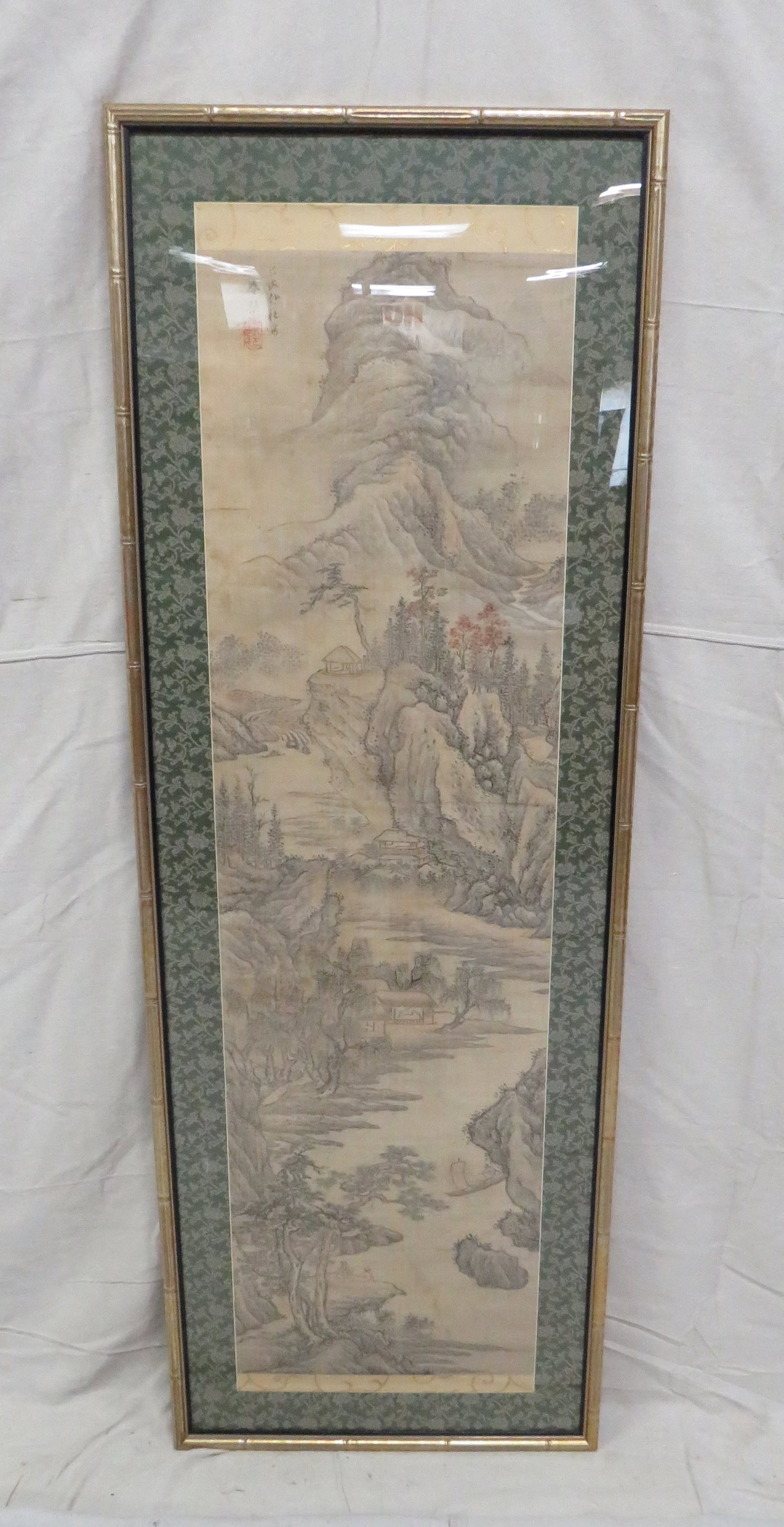 Chinese Republic Period Ink Landscape on Silk: Chinese ink and light color landscape painting on silk, likely Republic Period, possibly earlies. Traditional vertical composition depicting mountains, rivers, pavillions, and cottages in the literati