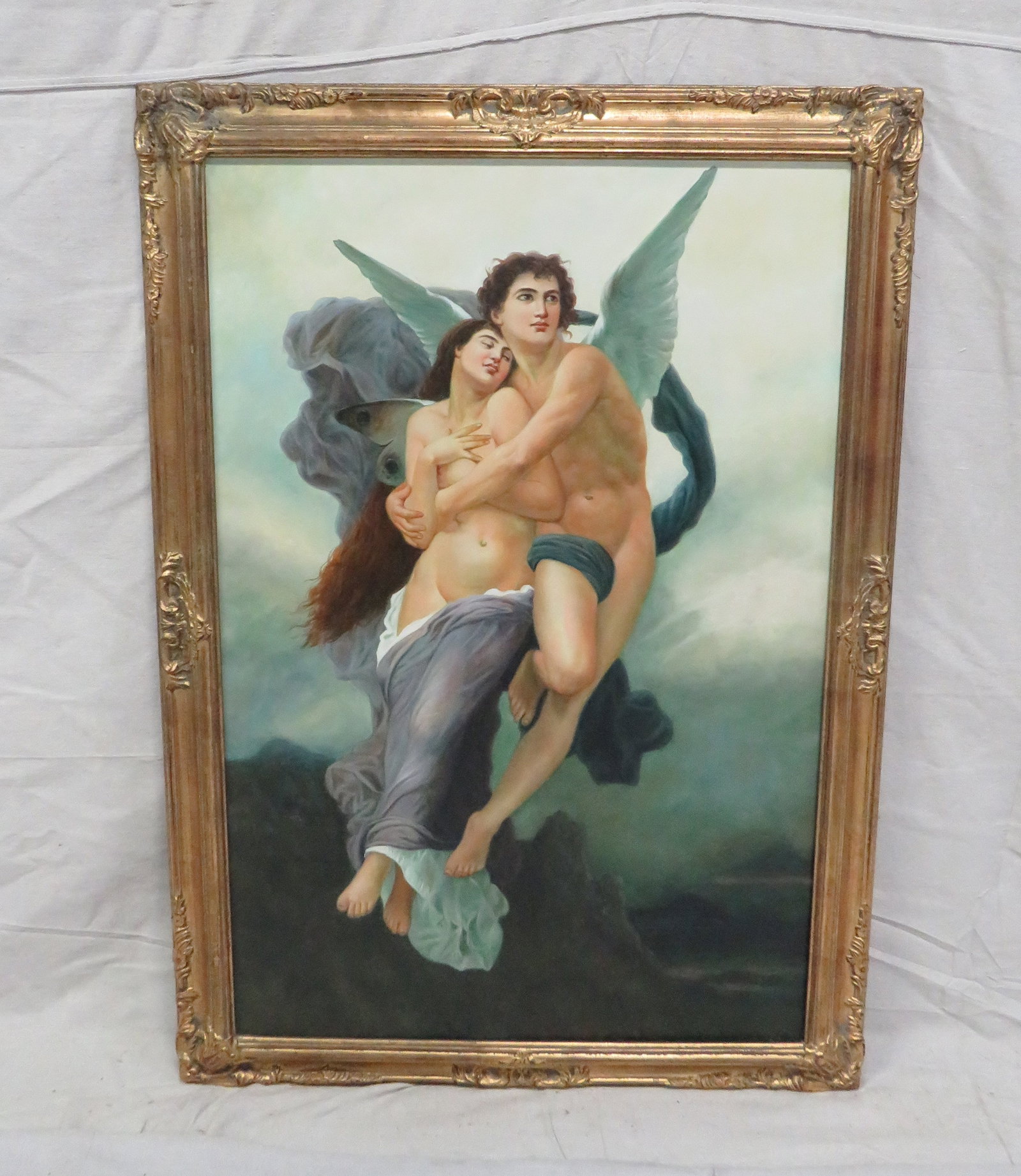 Oil Painting "Abduction of Psyche" Gold Frame: Oil Painting "Abduction of Psyche" after French Painter William-Adolhe Bouguereau in Gold Frame. Good condition. Frame size 41" x 29"