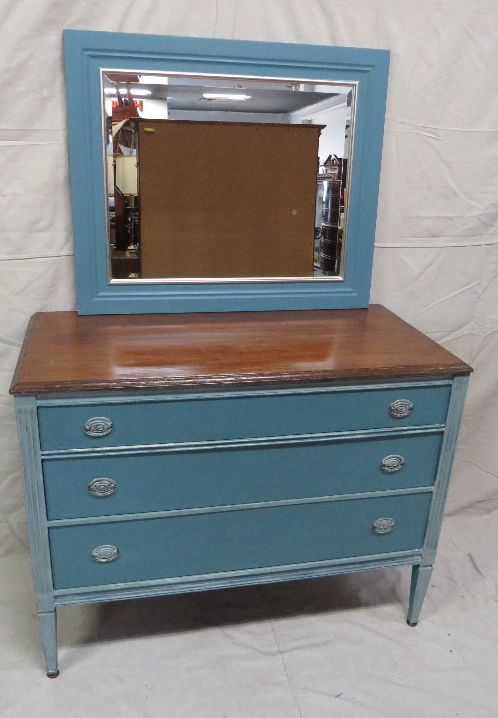 Painted Blue Mahogany Chest of Drawers with Mirror (1 of 4)