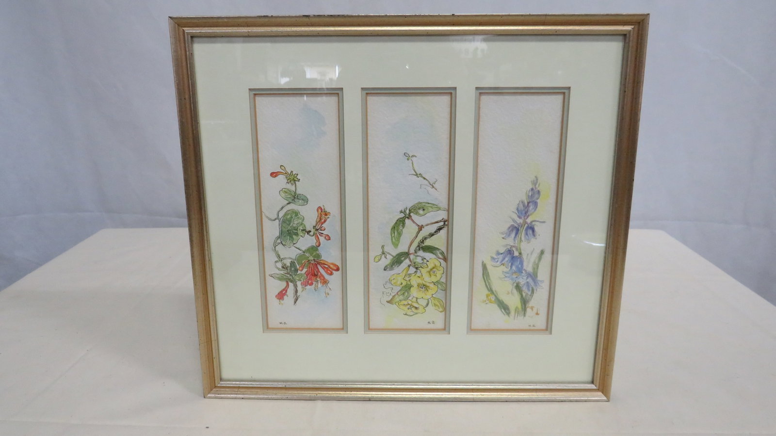 Vintage Botanical Triptych Watercolor Painting: Vintage Botanical Triptych Watercolor Painting in good condition. Professionally framed and matted under glass. Each painting signed with initials "H.B." Frame size 11.75" x 13"