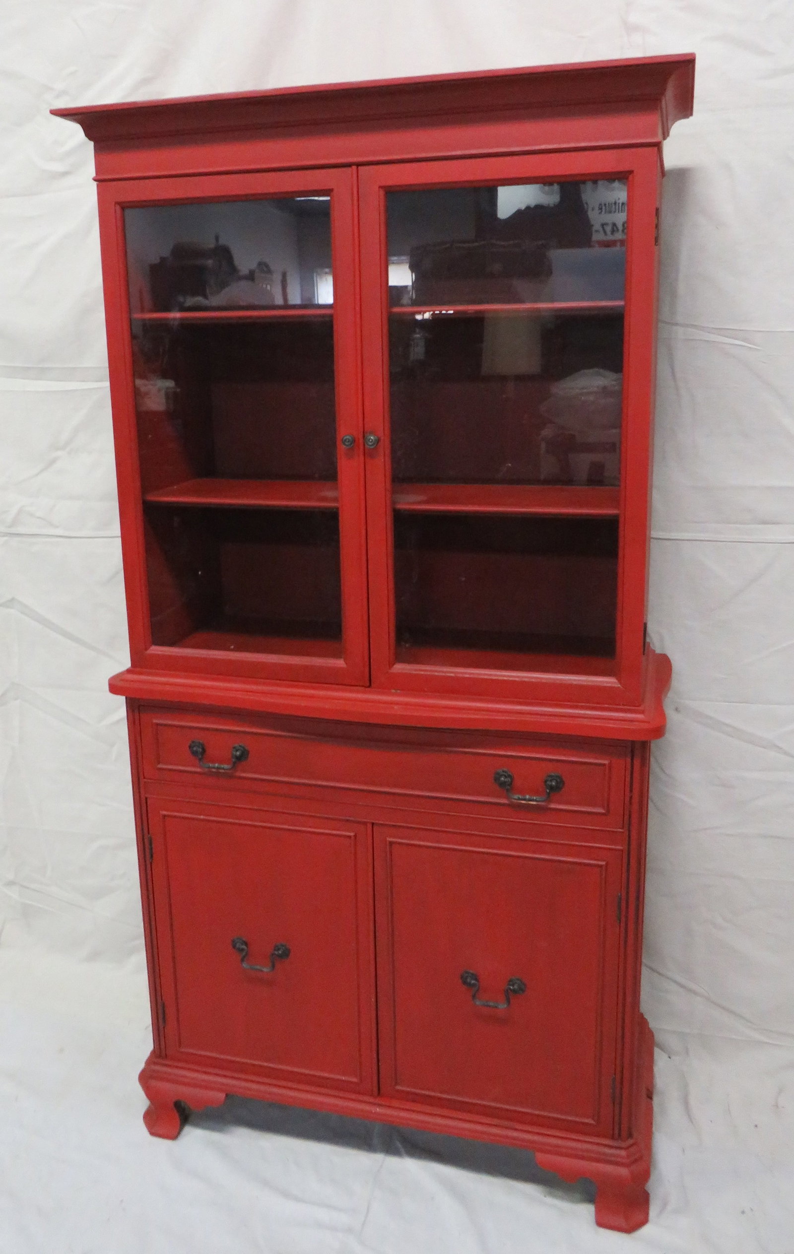 Antique Mahogany Chippendale China Cabinet: Antique Mahogany Chippendale China Cabinet in good condition, Painted Red, Dovetailed Drawers, Interior Features Shelving, 69''H x 35.5''W x 15''D