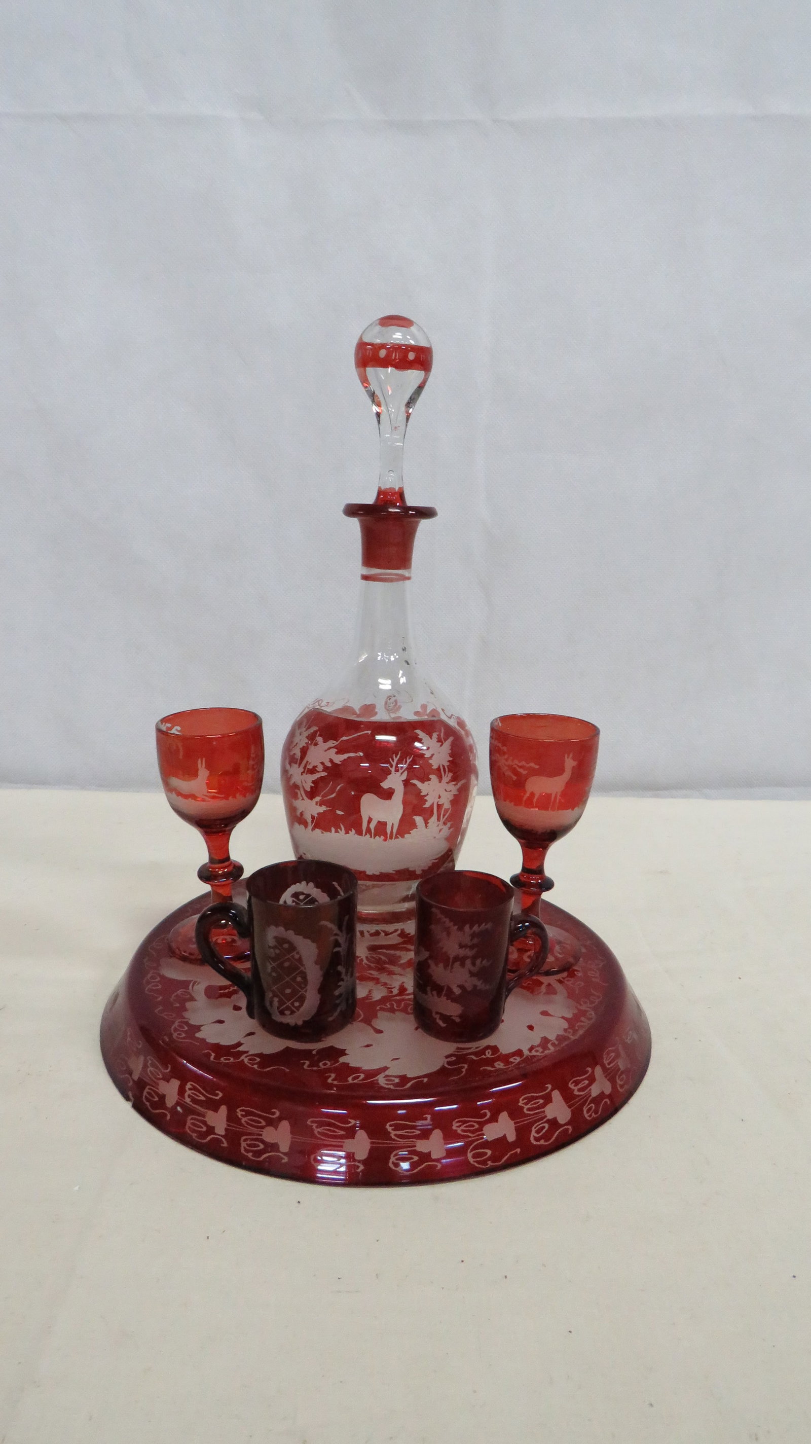Vintage Bohemian Etched Cranberry Liquor Set (1 of 3)