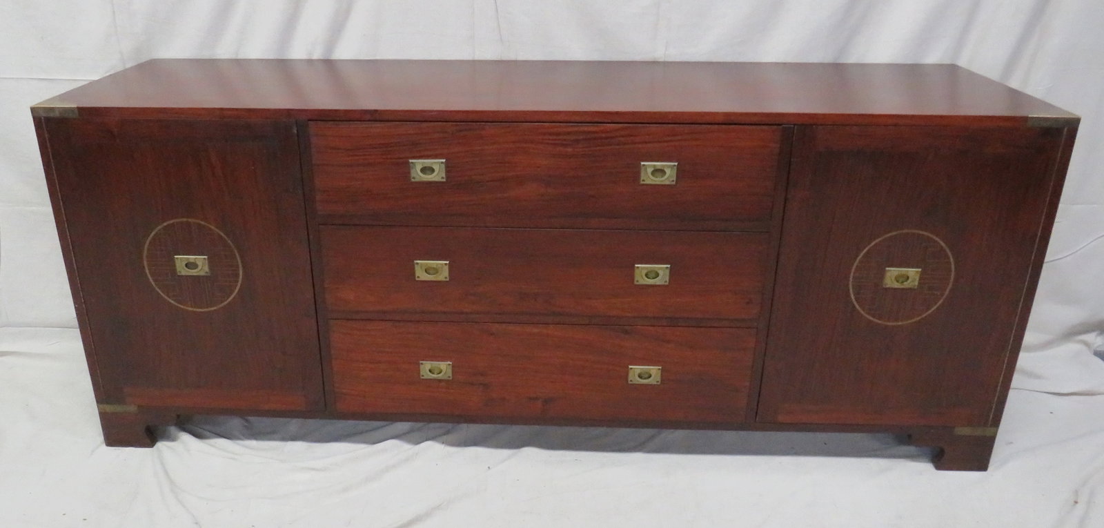 Vintage Mahogany Chinoiserie Campaign Sideboard: Vintage Mahogany Chinoiserie Campaign Sideboard in good condition, Brass Inlays, Brass Trim, Circa Late 20th C., 30''H x 76.5''W x 22''D