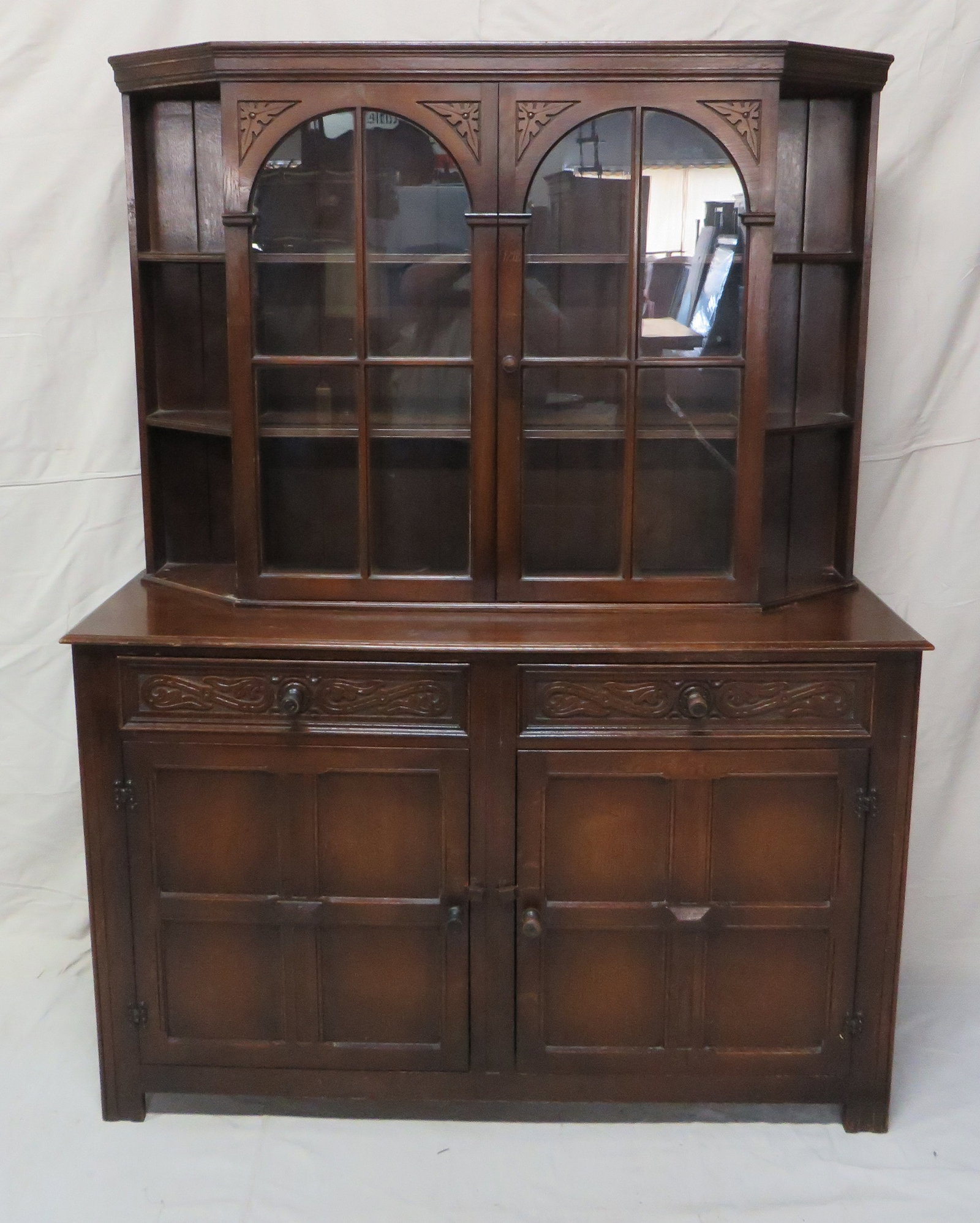 Vintage English Oak Tudor Cupboard: Vintage English Oak Tudor Cupboard in good condition, Carved Case, Two Pieces for Hauling, 72''H x 54.5''W x 18.5''D