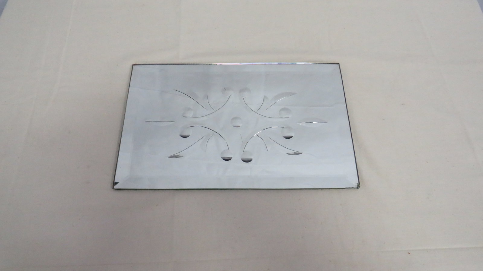 Antique Etched Vanity Mirror: Antique Etched Vanity Mirror in good condition with light surface scratches and some roughness on one corner. Lovely display for perfumes on vanity. 13.5" x 8.5"