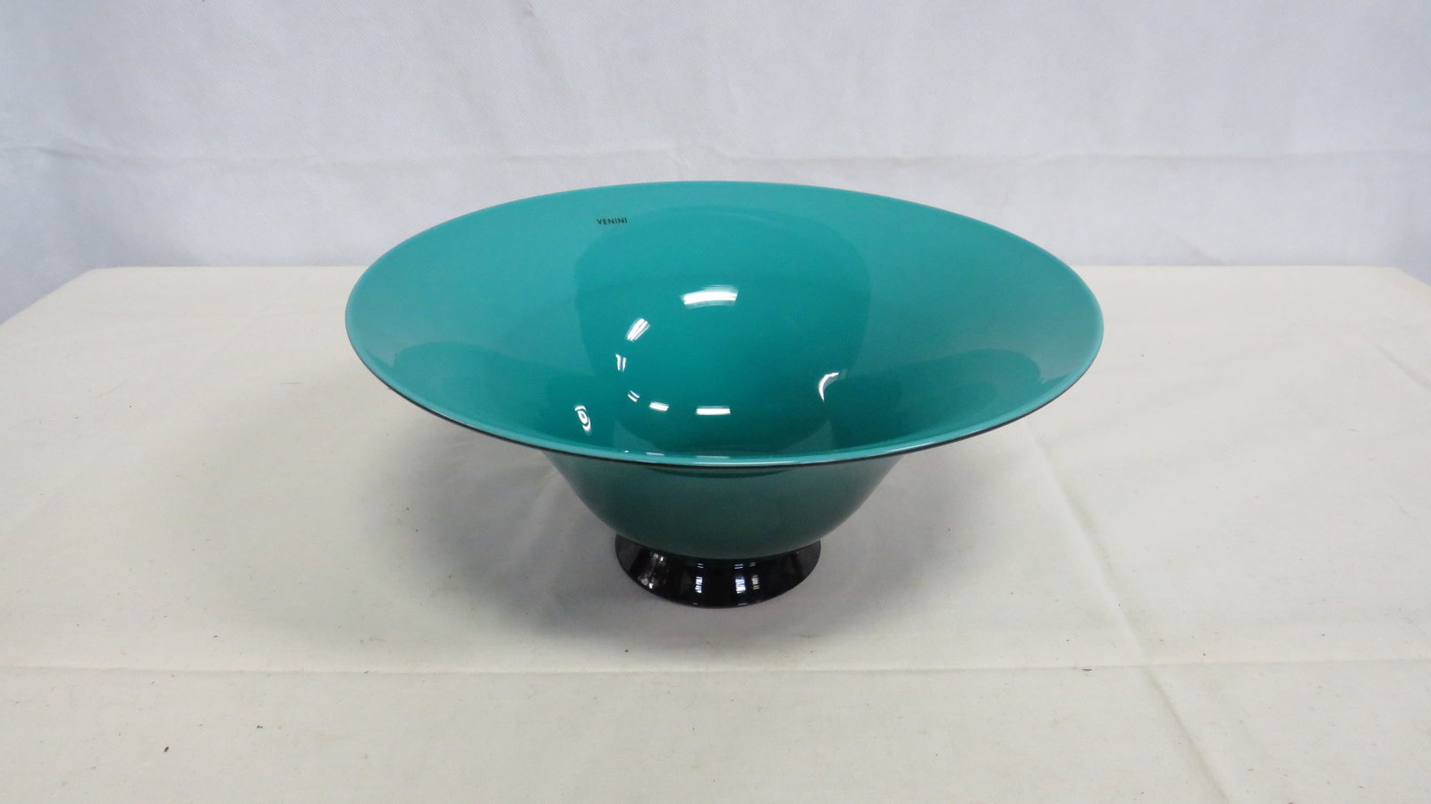 Signed Venini Murano Teal Glass Footed Bowl (1 of 6)