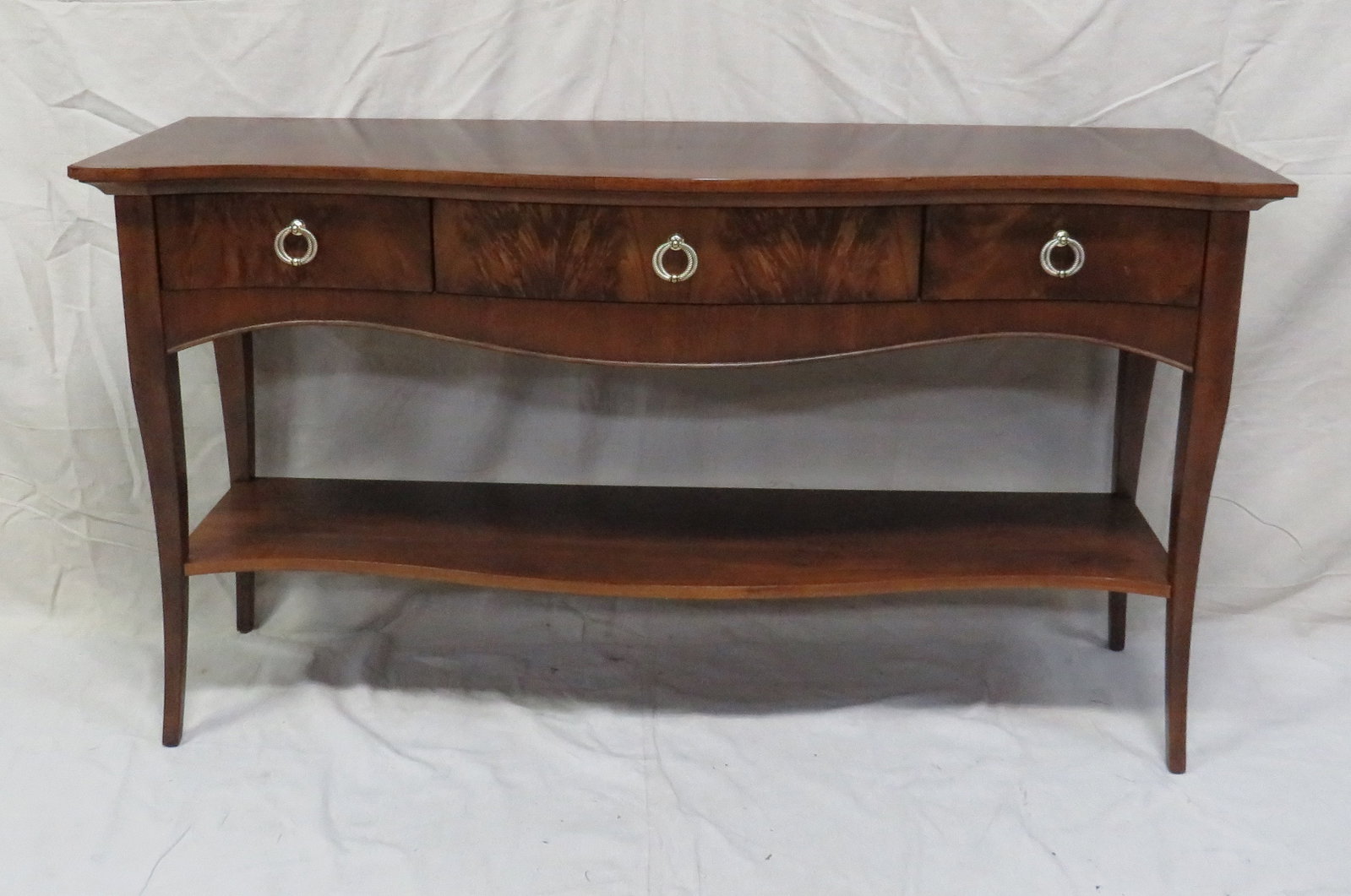 Vintage Stanley Flame Mahogany Sideboard: Vintage Stanley Flame Mahogany Sideboard in good condition, Serpentine Front, 33''H x 60''W x 19''D