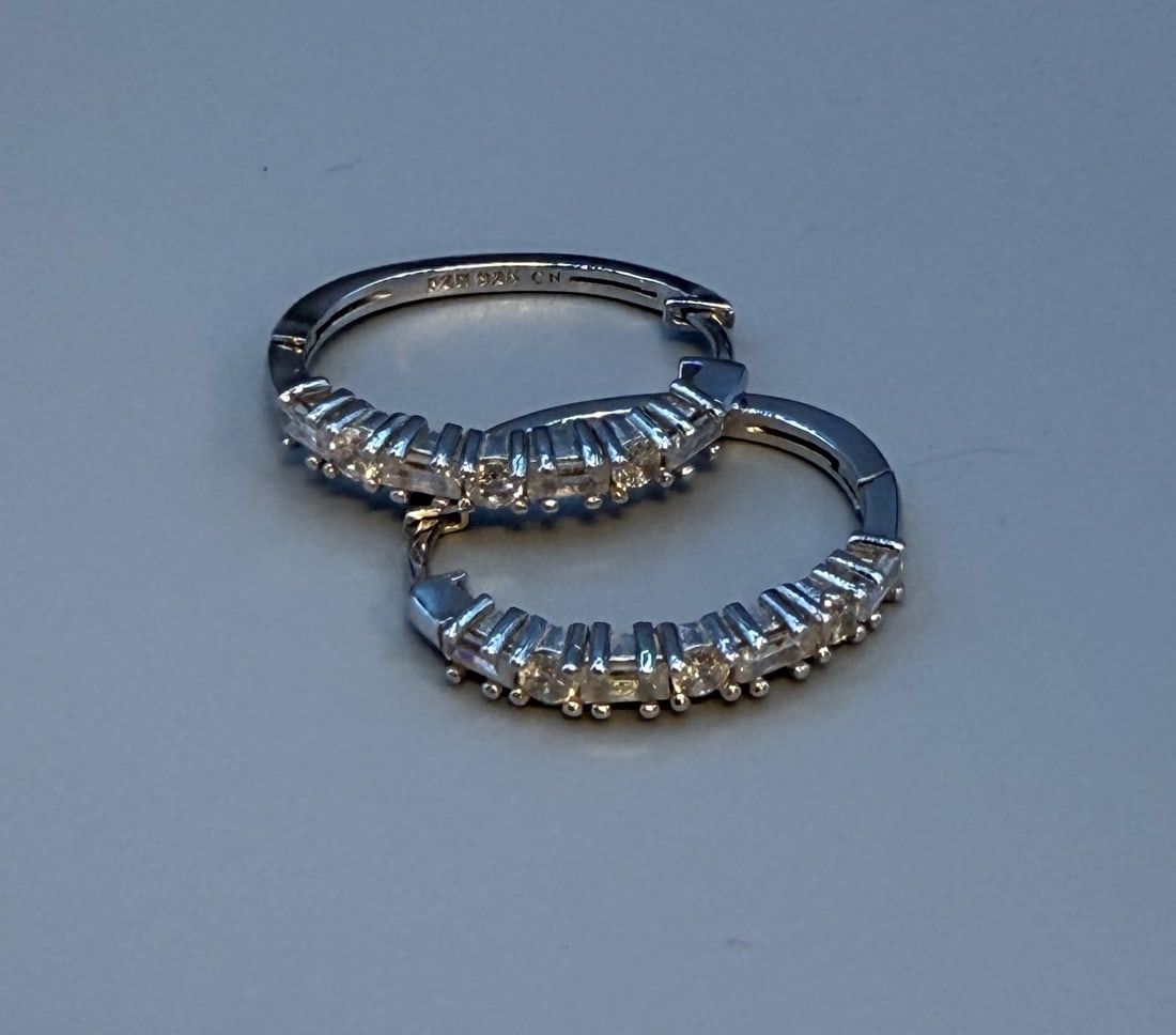 Sterling CZ Hoop Earrings: Sterling CZ Hoop Earrings in good condition. Marked 925. 4.8g