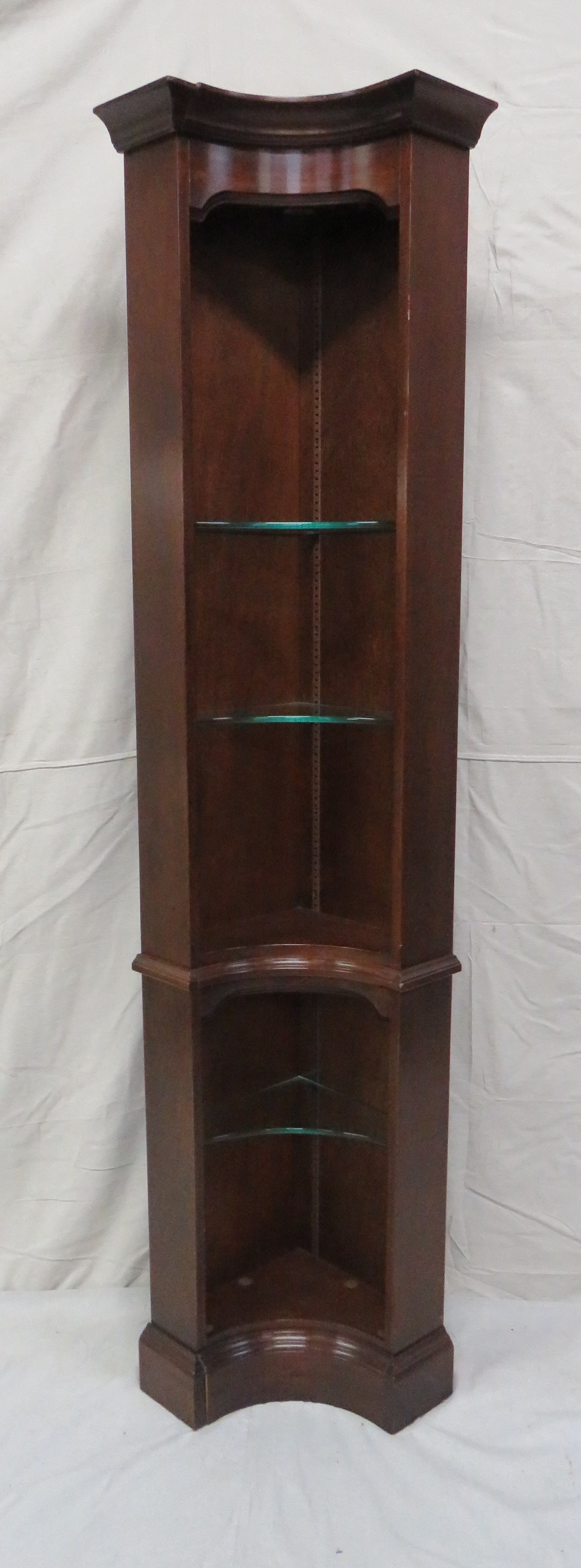 Vintage Cherry Lighted Corner Cabinet: Vintage Cherry Lighted Corner Cabinet in good condition, Adjustable Glass Shelves, 80''H x 21''W x 15''D