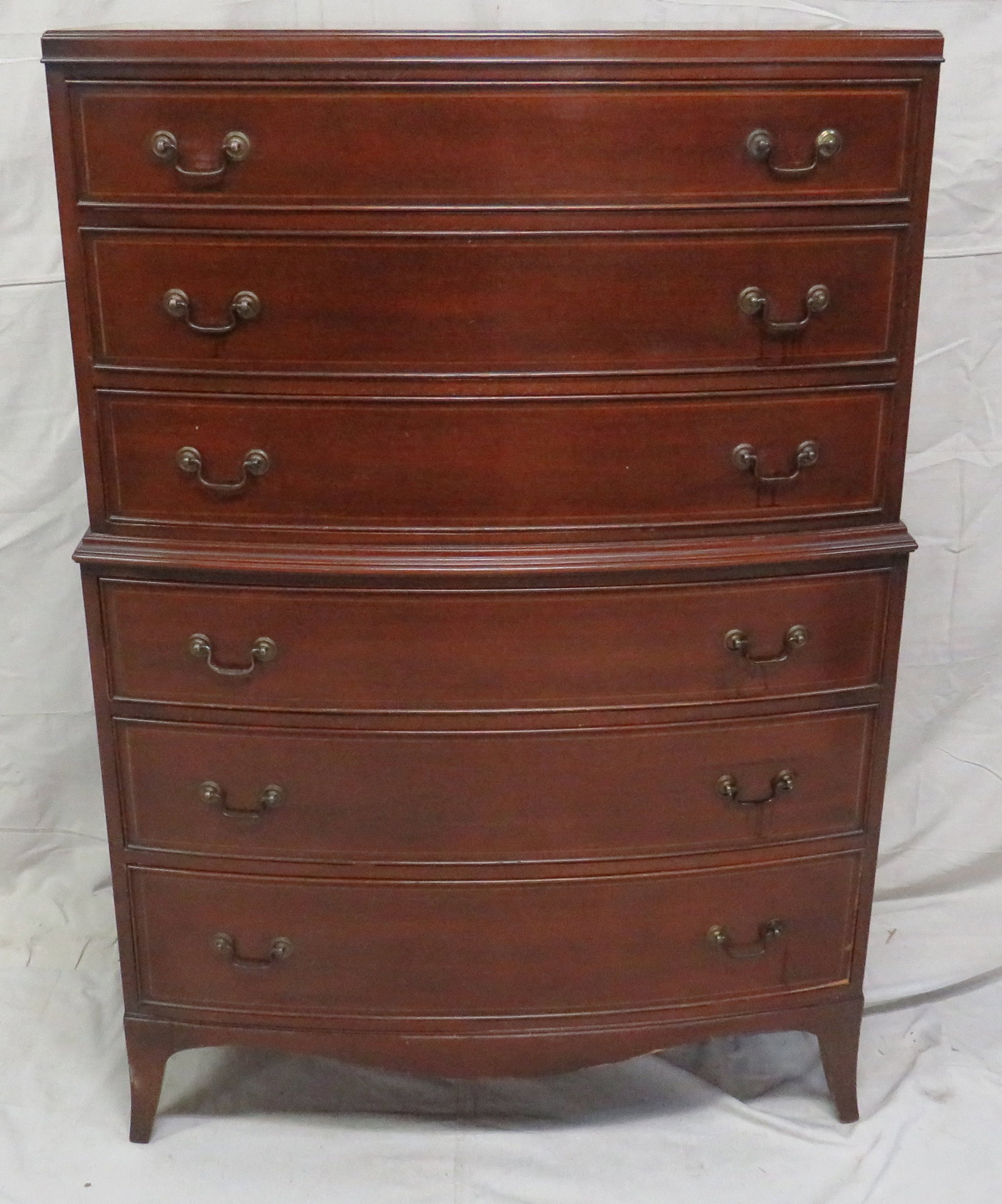 Antique Mahogany Bowfront Chest on Chest: Antique Mahogany Bowfront Chest on Chest in good condition, Inlaid Drawer Fronts, Dovetailed Drawers, 54.5''H x 38.5''W x 22''D