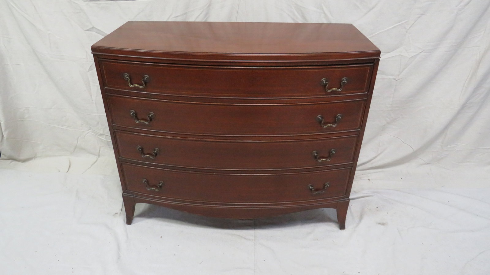 Antique Mahogany Bowfront Chest of Drawers: Antique Mahogany Bowfront Chest of Drawers in good condition, Inlaid Drawer Fronts, 37''H x 44.5''W x 21''D