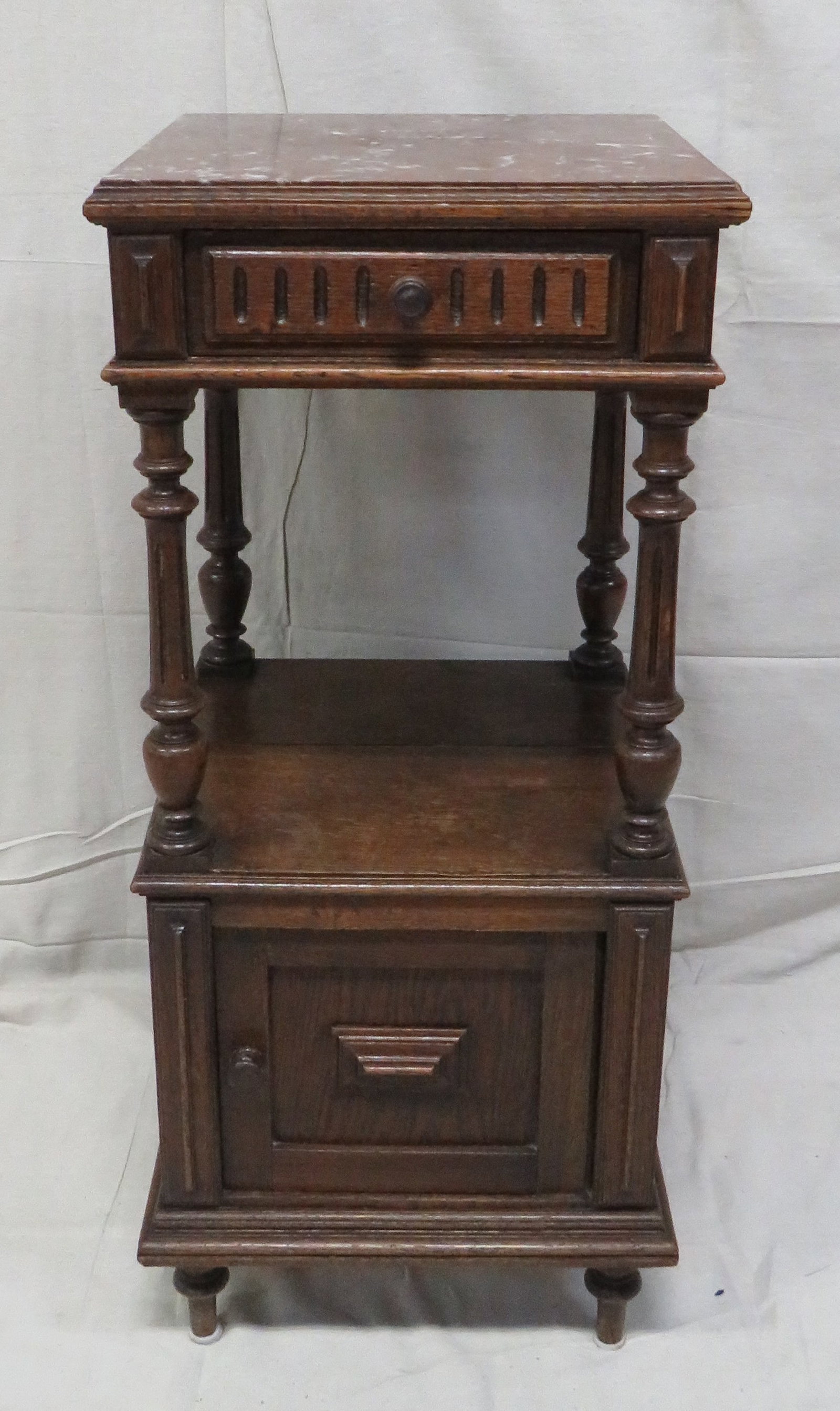 Antique French Louis XVI Marble Top Stand: Antique French Louis XVI Marble Top Stand in good condition, One Dovetailed Drawer, Cabinet in Base, Paneled Sides, 36''H x 16''W x 16''D