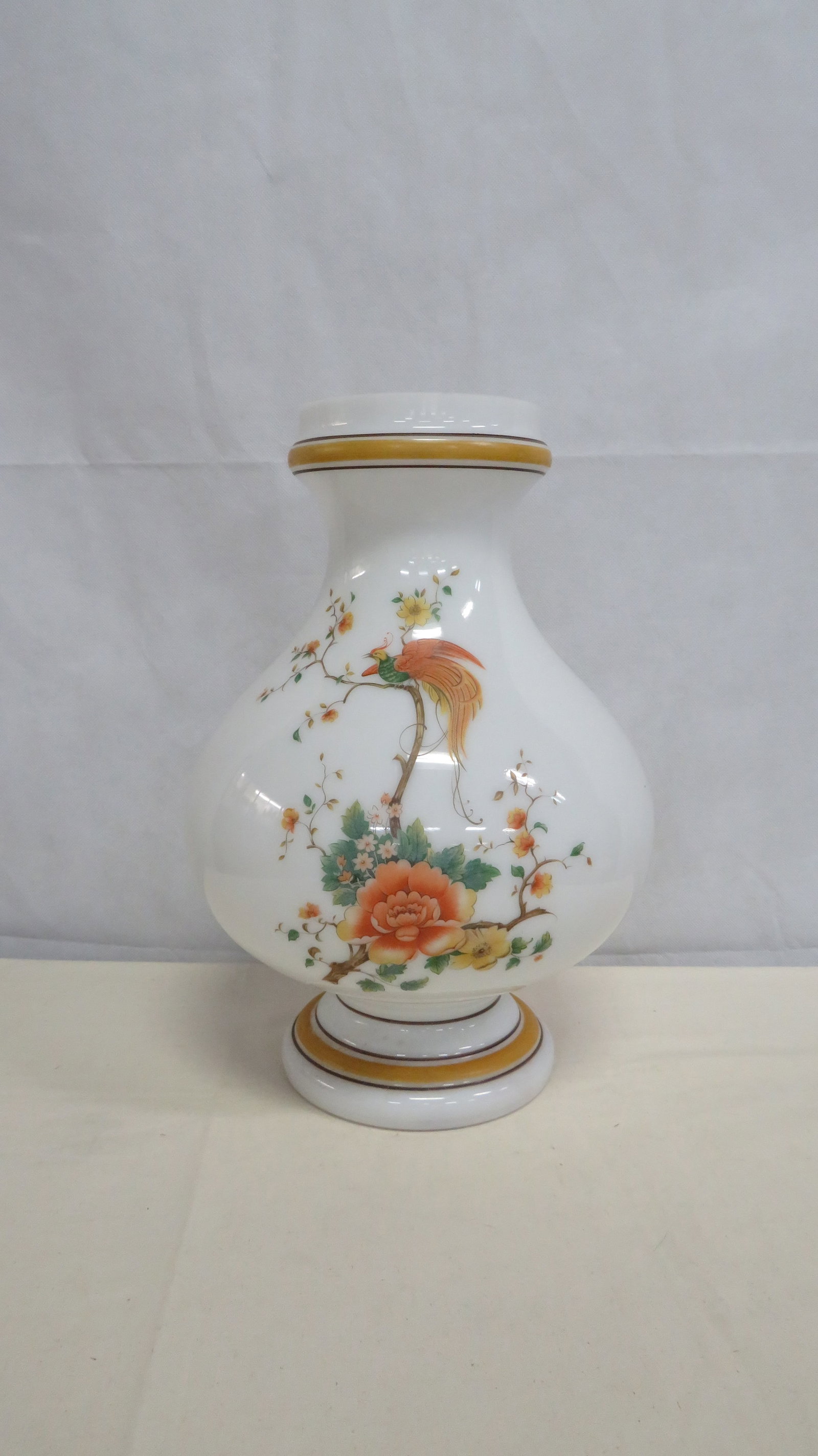 Large Asian Inspired Floral Vase: Large Asian Inspired Floral Vase in good condition. Blown glass with bird and flower motif. 15.5"H x 10"D