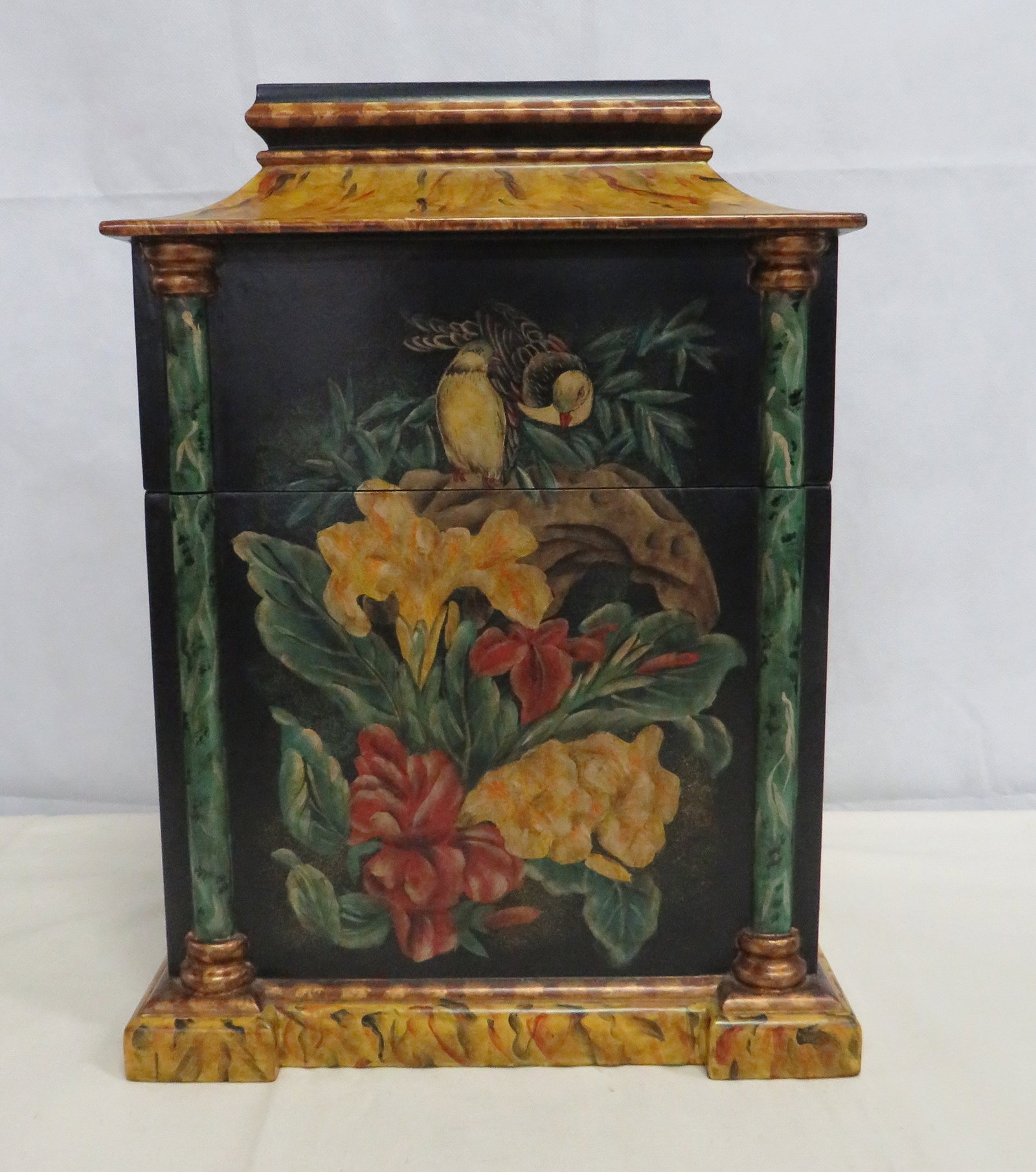 Vintage Sarreid Ltd Hand Painted Knife Box: Hand-painted cutlery box from Sarreid Ltd. Features floral and bird paintings on the front and sides, applied columns on the front and 6 compartments inside. 15.5"H x 11.5"W x 8.5"D