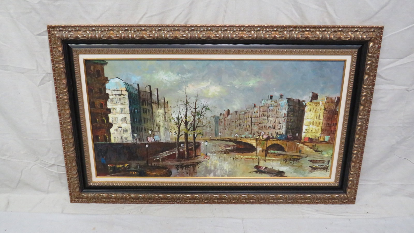 Vintage Large Euro City Street Scene Oil Painting (1 of 2)
