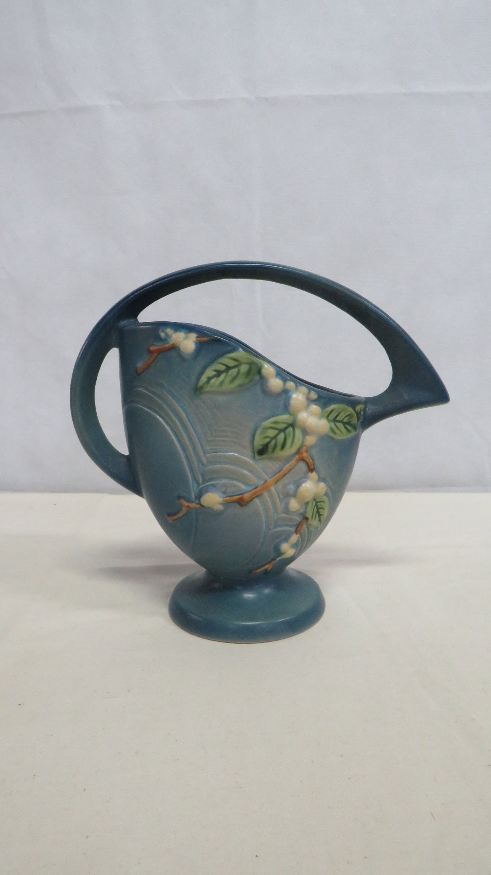 1940s Roseville Art Pottery Blue Snowberry Basket (1 of 4)